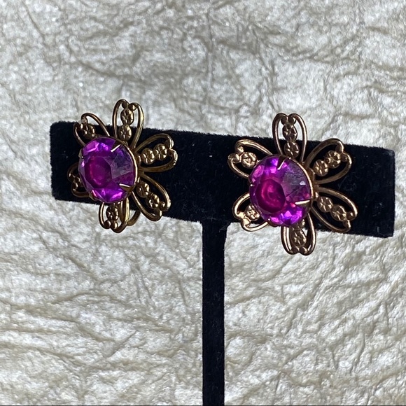 Vintage Copper w/ Purple Crystal Flower Screw Back - Picture 2 of 6